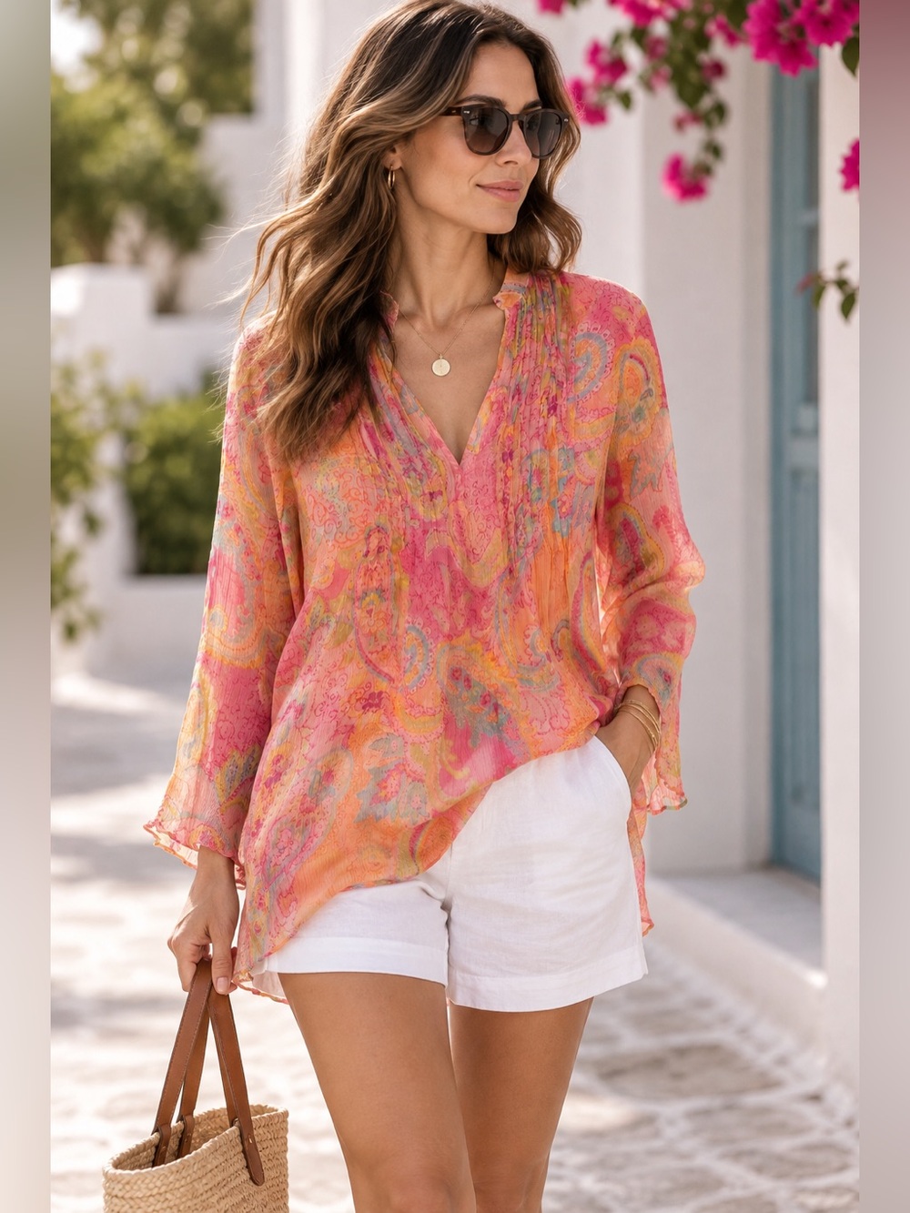 Ralph Lauren Pink & Orange Paisley Sheer V-Neck Blouse